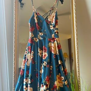 Blue floral strappy dress.